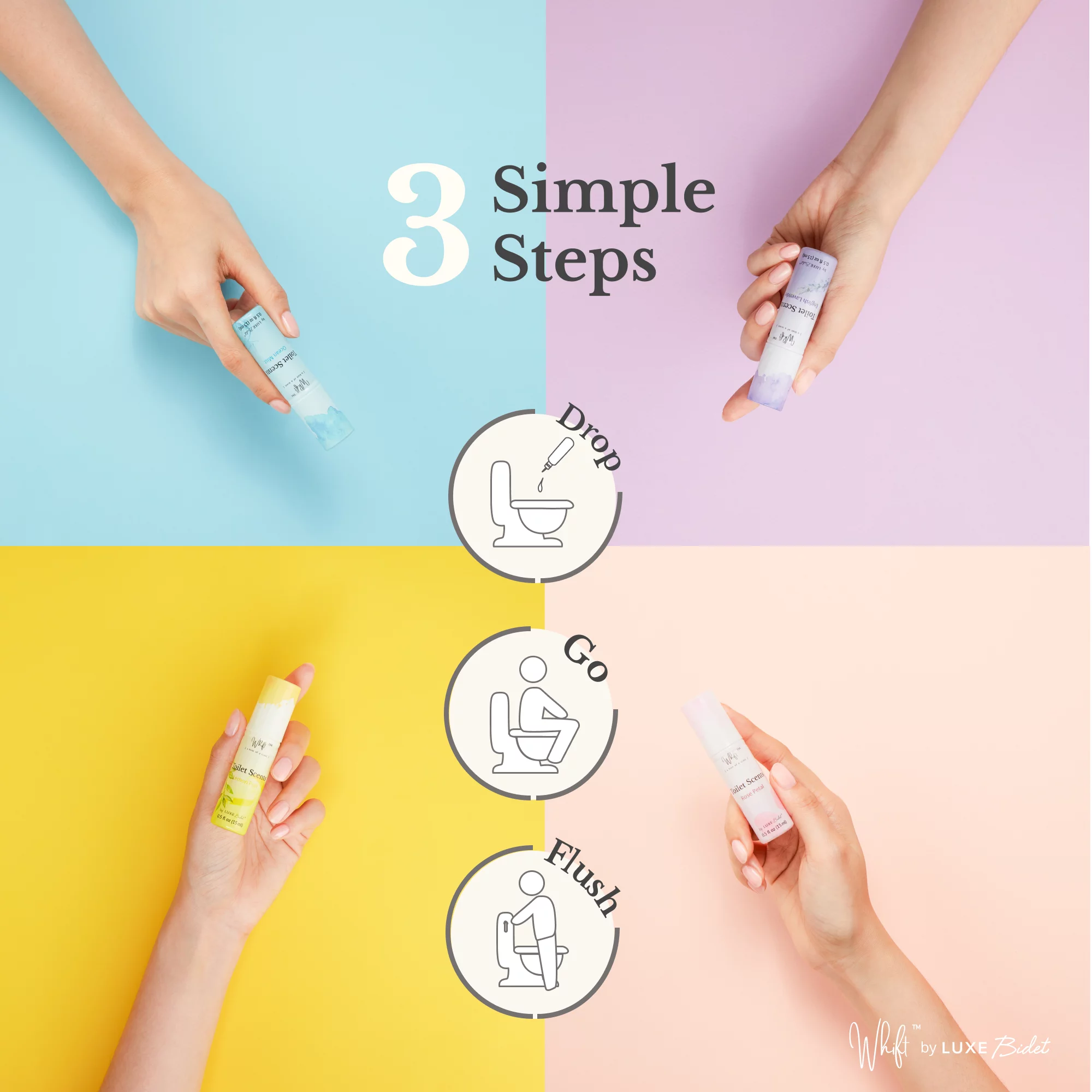 Whift Toilet Scents Drops by LUXE Bidet, Value 4-Pack (Rose Petal, Lemon Peel, English Lavender, Ocean Mist) 0.5 oz / 15 mL each