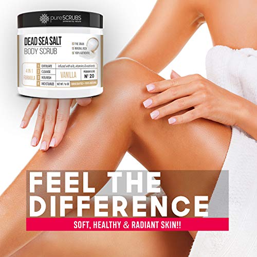 pureSCRUBS Premium Eucalyptus Body Scrub Set - Large 16oz Dead Sea Salt Body Scrub With Infused Essential Oils & Nutrients, Includes Wooden Spoon, Loofah & Oatmeal Exfoliating Bar Soap