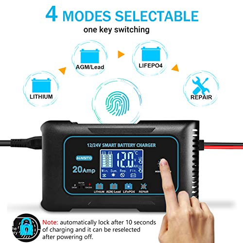 Haisito 20 Amp Lithium Battery Charger, 12V and 24V Lifepo4,Lead-Acid(AGM/Gel/SLA..) Portable Car Battery Charger,Battery Maintainer, Trickle Charger, and Battery Desulfator for Car,Boat, H-20-PRO
