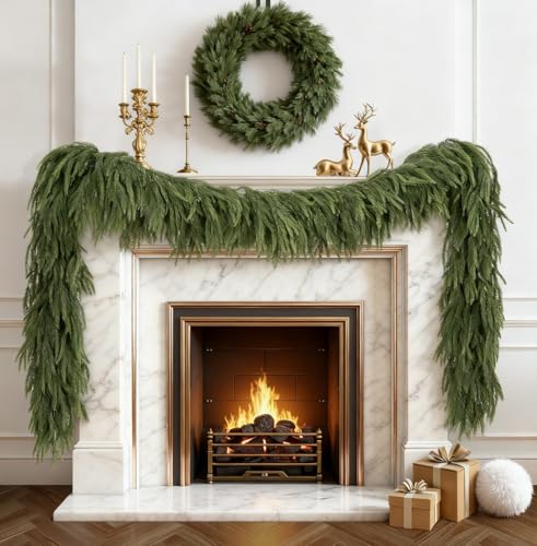 9FT Artificial Norfolk Pine Garland, Realistic Christmas Greenery Garland for Mantle, Staircase, Banister, Fireplace, Wall, Door, Table, Indoor & Outdoor Holiday Xmas Decortions
