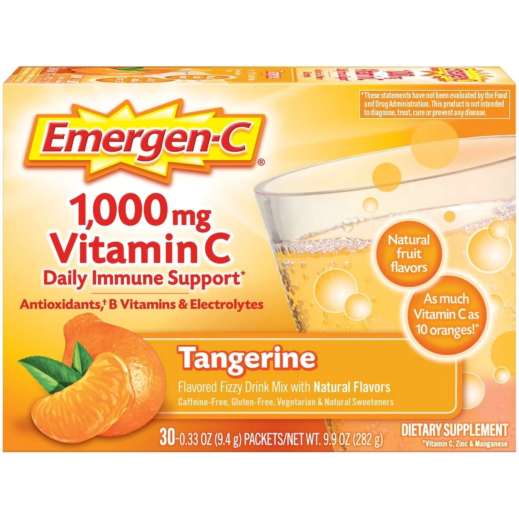 Emergen-C (30 Count, Tangerine Flavor) Dietary Supplement Drink Mix with 1000 mg Vitamin C, 0.33 Ounce Packets, Caffeine Free