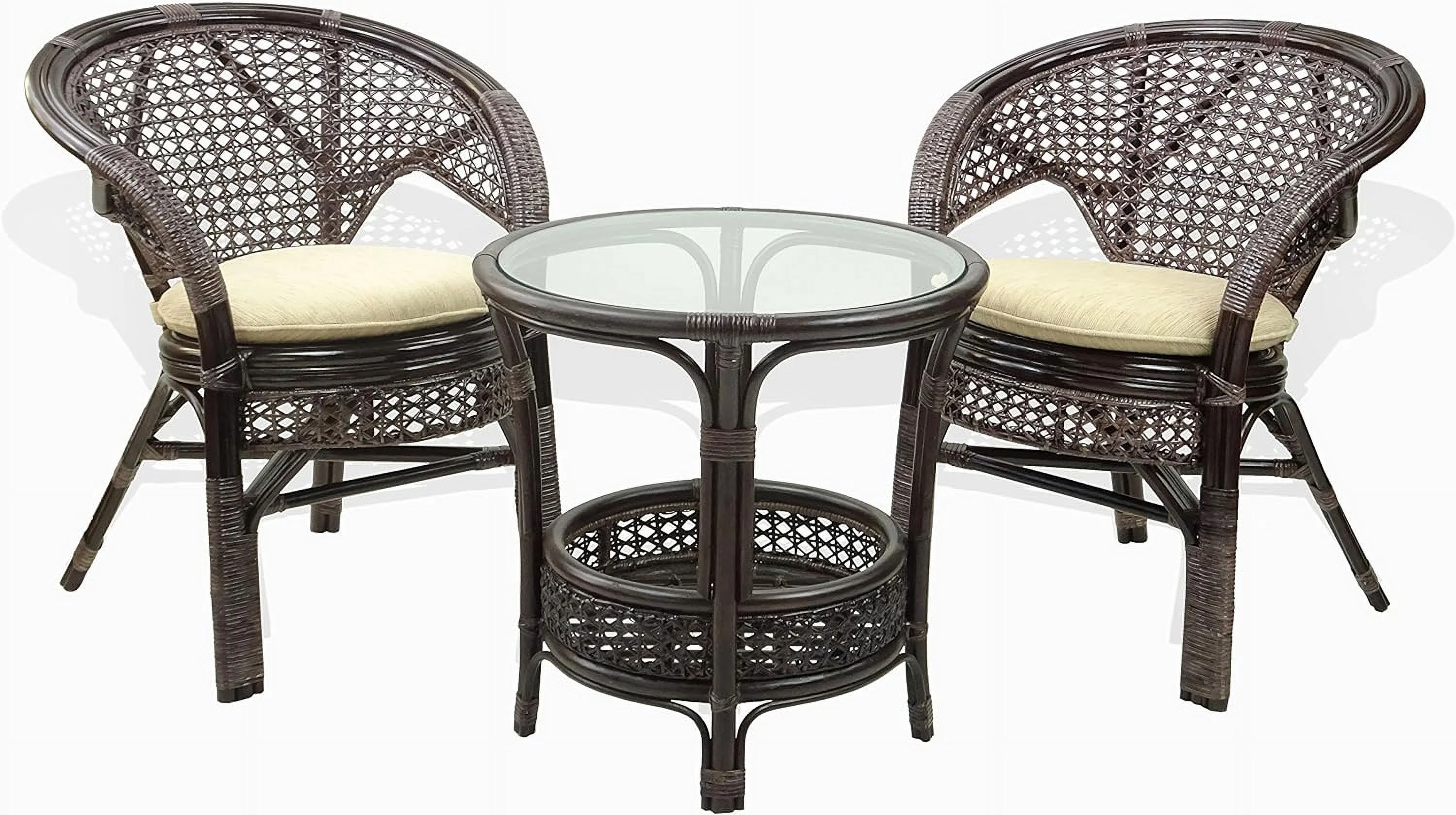 Pelangi Round Coffee Table Natural Rattan Wicker With Glass Top Handmade, Dark Brown