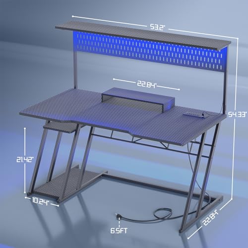 Armocity Gaming Computer Desk with Shelves and Outlets, Gaming Desk with Hutch and LED Lights, Reversible PC Gaming Desks with Pegboard, Carbon Fiber Black 47''
