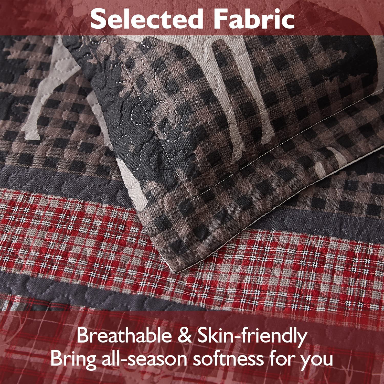 Jessy Home Deer Bear Quilt Queen Rustic Bedspread Red Black Microfiber Coverlet Set