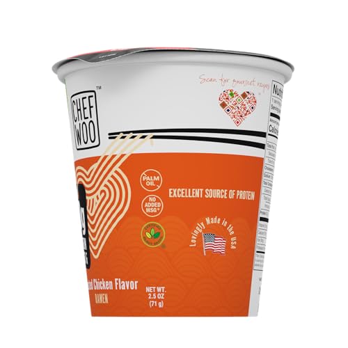 CHEF WOO Roasted Chicken Ramen Cup Noodles (12 PACK), 20g of Plant-Based Protein |Vegan |Vegetarian |Halal |Kosher |Egg-Free |Dairy Free