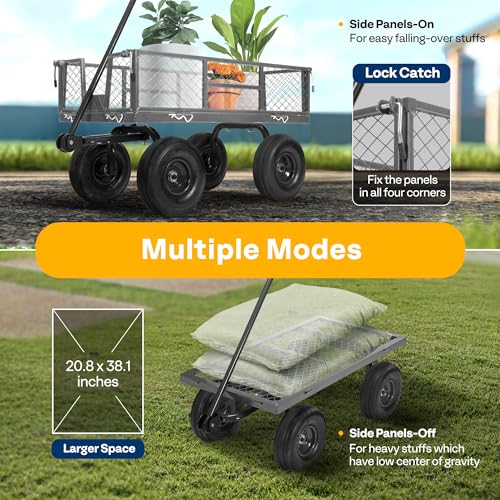 VIVOHOME Heavy Duty 880 Lbs Capacity Mesh Steel Garden Cart Folding Utility Wagon with Removable Sides and 4.10/3.50-4