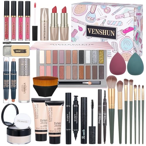 All in One Makeup Kit for Women Full Set Girl Makeup Gift Set Makeup Essentials Set Includes Foundation 18 Color Eyeshadow Palette Lipstick Eyebrow Pencil Makeup Gift Set