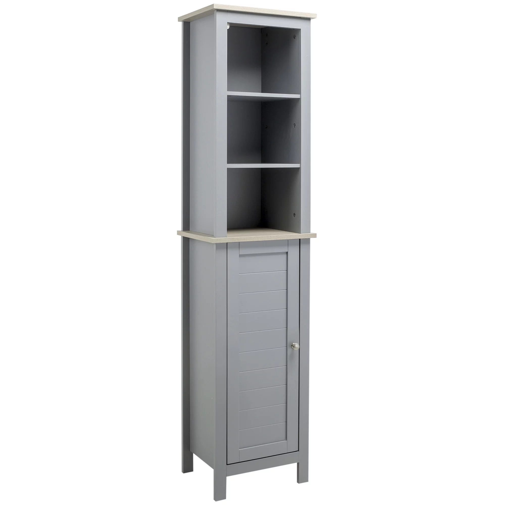 kleankin Tall Bathroom Storage Cabinet with 3 Tier Shelf, Cupboard, Door, Free Standing Linen Tower, Slim Side Organizer, Grey