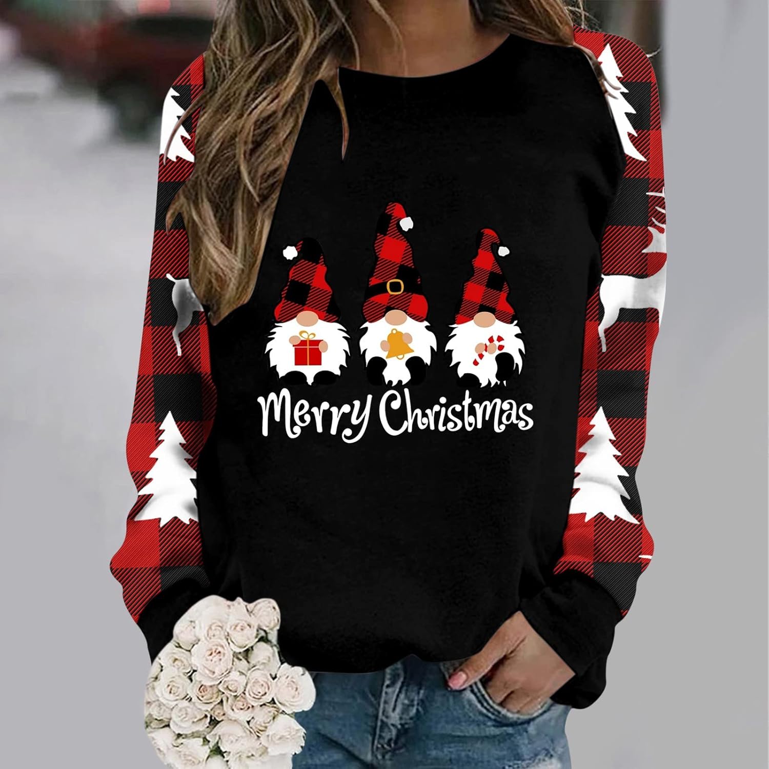 Women's Cute Christmas Sweater Sweatshirt Plus Size Crewneck Ugly Christmas Gnome Printed Pullover Shirt Plaid Long Sleeve Fuzzy Xmas Tops Christmas Sweatshirts Black S