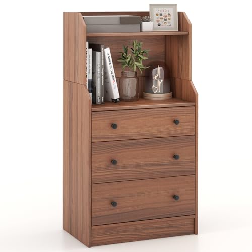 LOKO 3 Drawers Dresser with Shelves, Tall Nightstand with 2 Open Shelves, Modern Chest of Drawers with Anti-Toppling Device, Utility Storage Dresser for Living room, Bedroom, Closet, Entryway (Walnut)