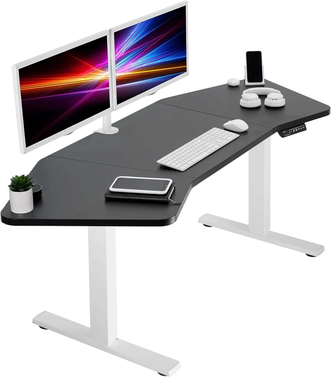 Electric Height Adjustable 71 X 24 Inch Wing-Shaped Stand Up Desk, Complete Active Corner Standing Workstation With Black Table Top, White Frame, Preset Controller, DESK-KIT-1W3B
