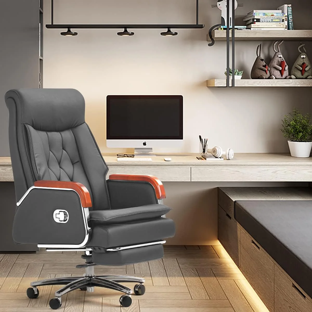 Kinnls Cameron Massage Office Chair Genuine Leather Managerial Executive Desk Chairs Ergonomic Comfortable Chair Fully Reclining with Headrest and Footrest,Adjustable Angle (Massage Chair-Black)