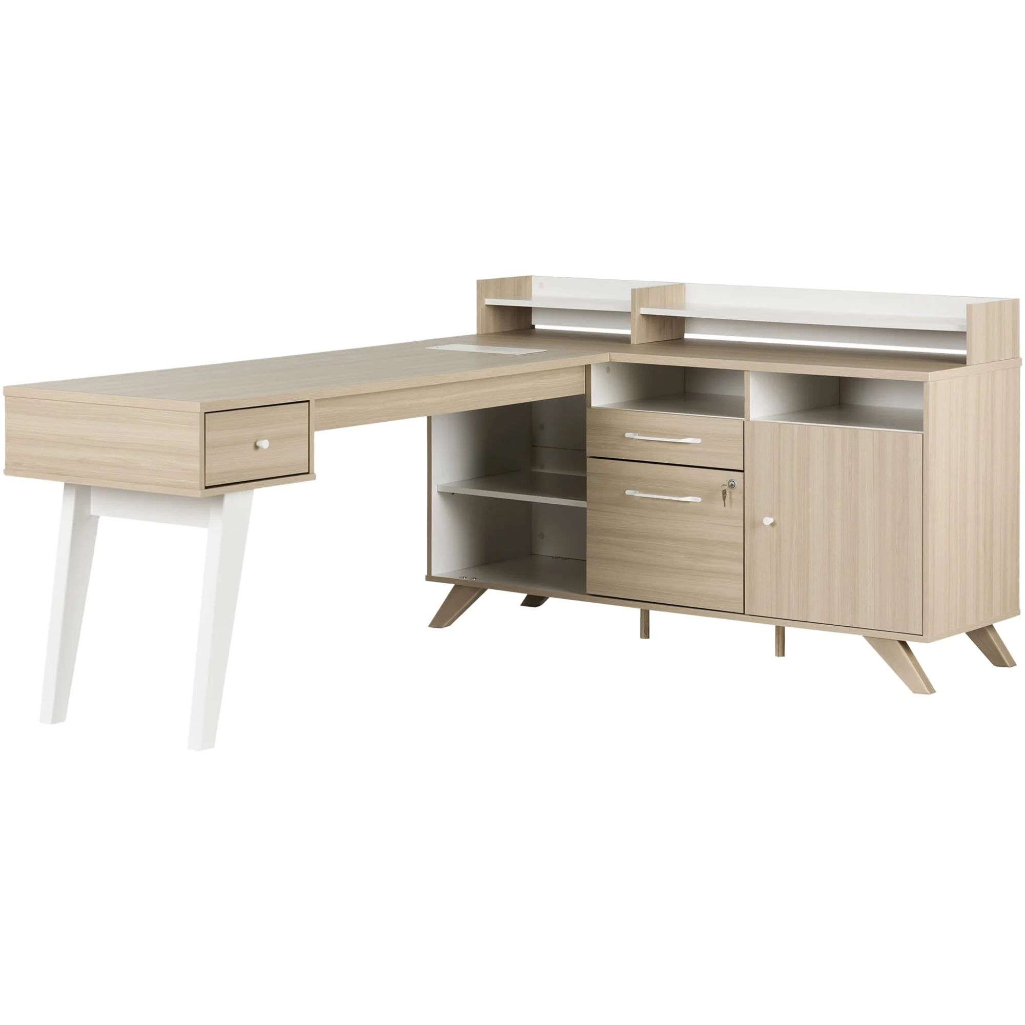 Helsy L-Shaped Desk with Power Bar Soft Elm and White South Shore
