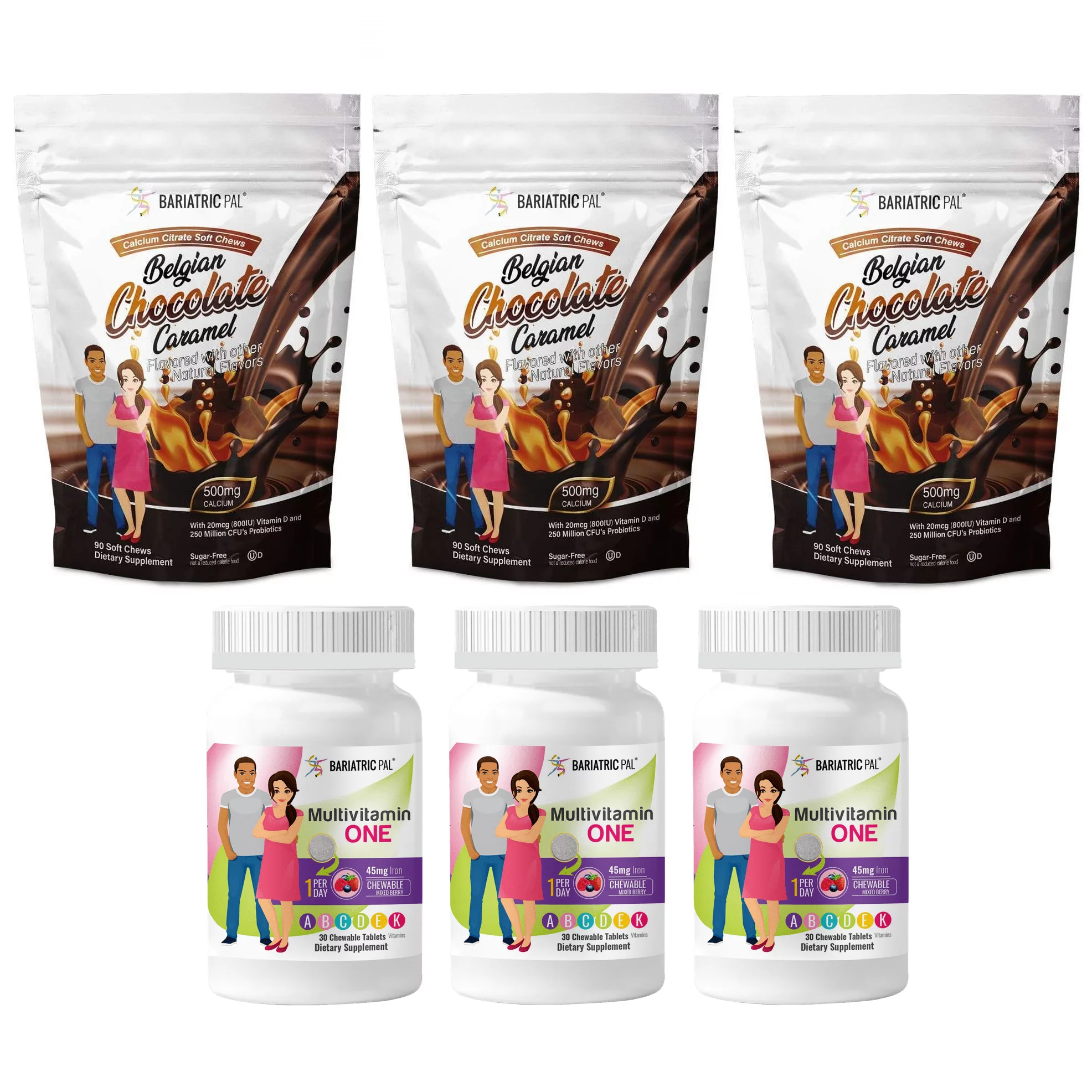 Gastric Sleeve Complete Vitamin Pack - Chewables Size: 3-Month Supply, BariatricPal Multivitamin ONE: Mixed Berry Chewable with 45mg Iron, BariatricPal Calcium Citrate Chews: Belgian Chocolate Caramel