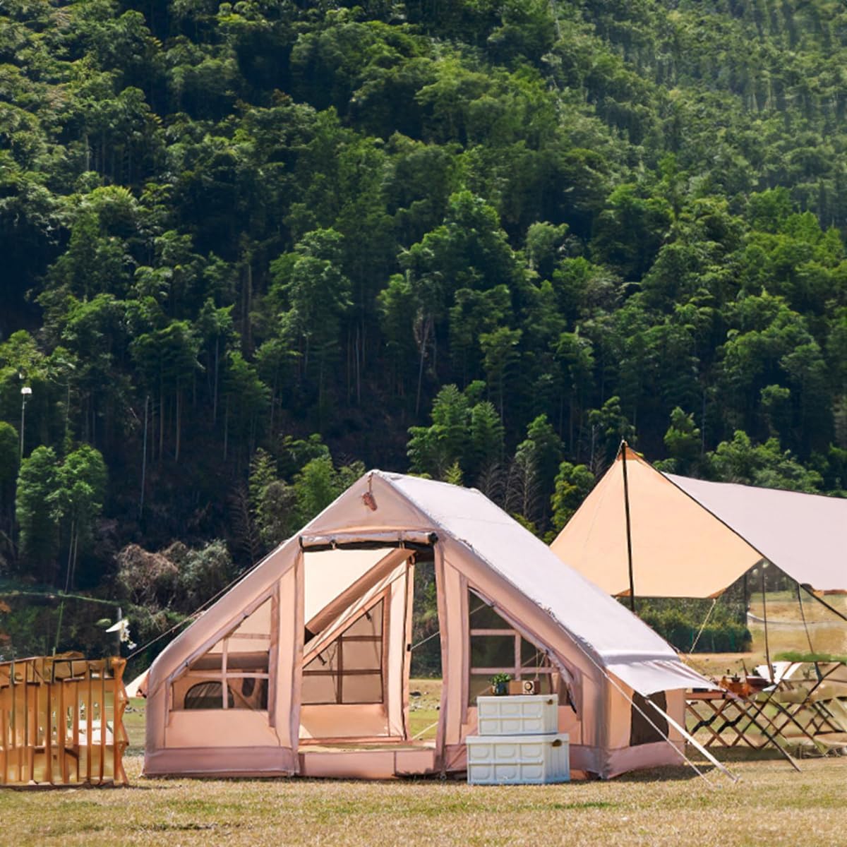 UNIISTRENGH Inflatable Camping Tent with Hand Pump, Air Glamping Tent, Easy Setup Waterproof Blow&Pop Up Tent with Privacy Screen,Stove Jack Hole and Carry Bag