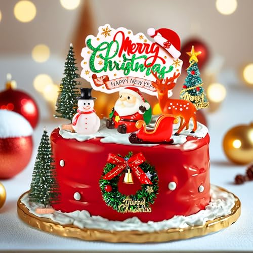 JeVenis 8 Pack Santa Claus Merry Christmas Cake Toppers Snowman Deer Christmas Tree Cake Topper Picks for Merry Theme Holiday Party Decorations (RED2)
