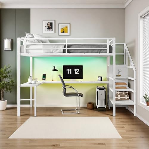 Queen Size Metal Loft Bed with L Shaped Desk and Wardrobe, Heavy Duty Loft Bed Frame with Storage Stairs, High Loft Bed Frame with LED, Charging Station & Safety Guard for Kids Teens Girls Boys