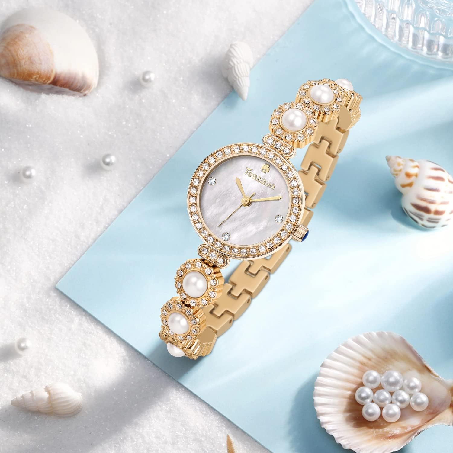 SIBOSUN Fashion Ladies Watch Bracelet Gold Watches for Women Pearl Dress Bracelet Watch Quartz Waterproof Analog Wrist Watch White Mother-of-Peal Dial Stainless Steel Elegant Watch for Women