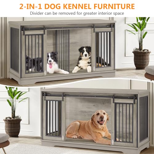 2-in-1 Double Dog Crate Furniture with Divider 60.6 Inch Grey Sturdy Dog Kennel TV Stand with 2 Sliding Doors and Thick Iron Door Frame for 2 Dogs