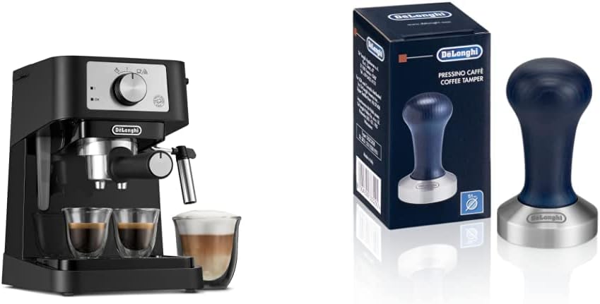 De'Longhi Stilosa Manual Espresso Machine, Latte & Cappuccino Maker, 15 Bar Pump Pressure + Manual Milk Frother Steam Wand, Black/Stainless, EC260BK & DLSC058 Coffee Tamper
