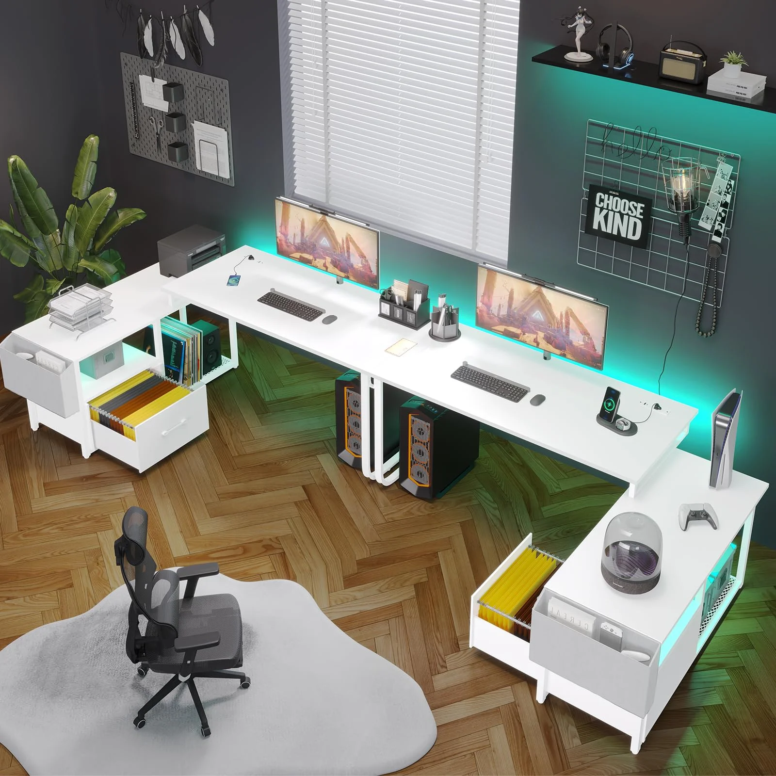 L Shaped Desk with LED Light and Power Outlet, Reversible Corner Office Desk with Drawer, White