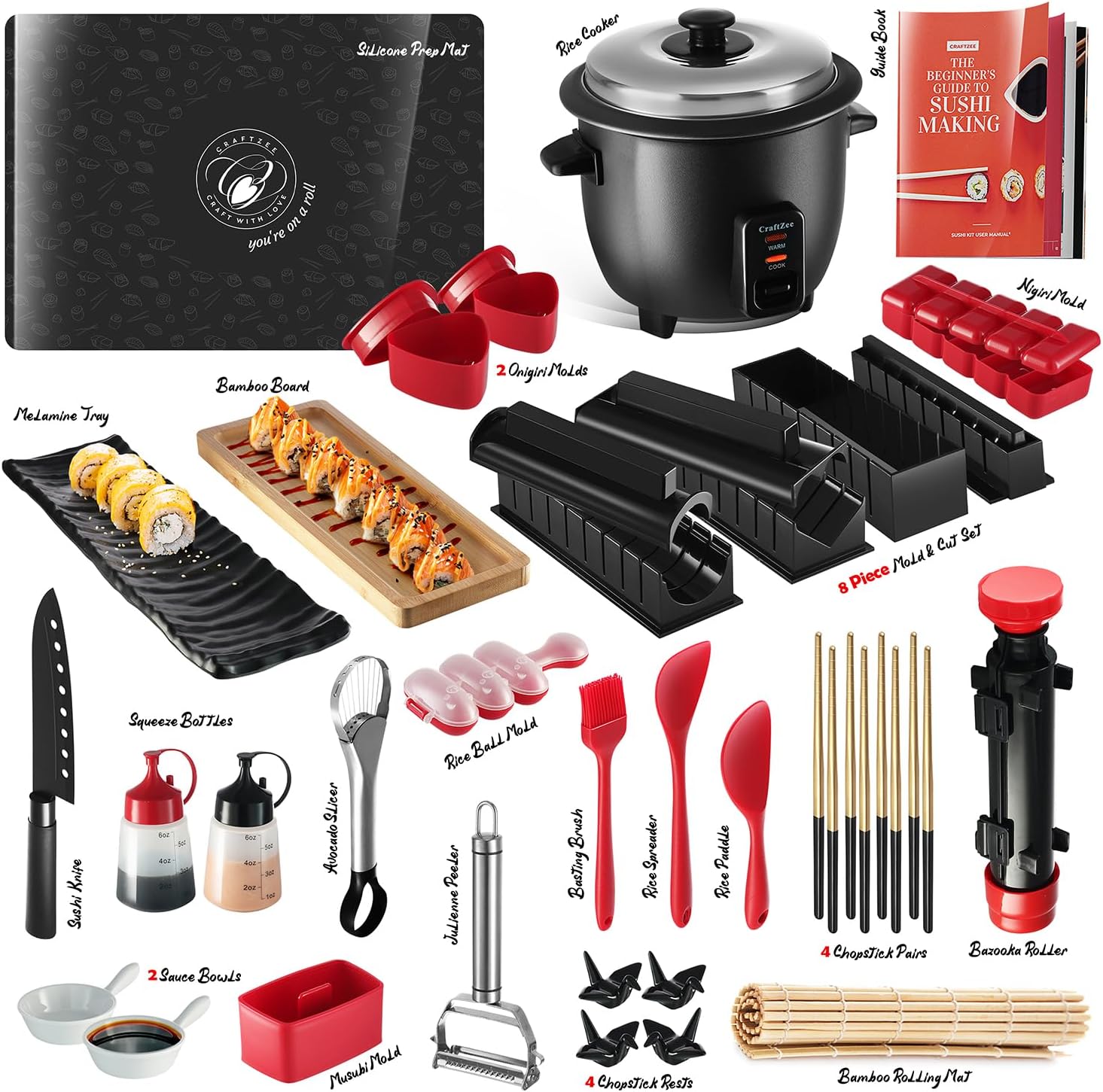 Sushi Making Kit - 42Pcs Sushi Maker Kit with Bazooka Roller, Rice Cooker, Onigiri, Nigiri & Musubi Mold, Rice Ball Mold, Bamboo Rolling Mat, Knife, Guide Book & More