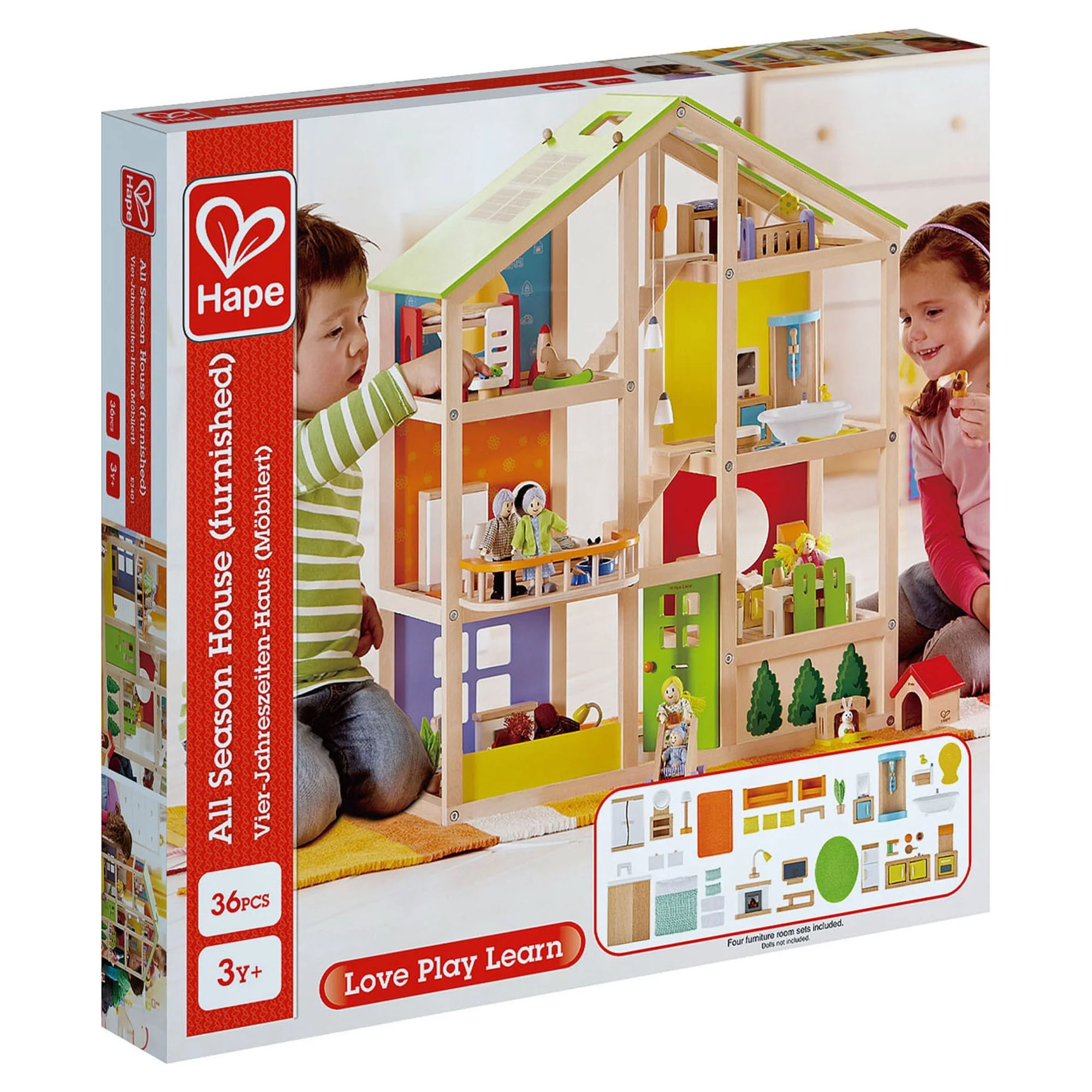 Hape All Seasons Wooden Furnished Dollhouse Playset