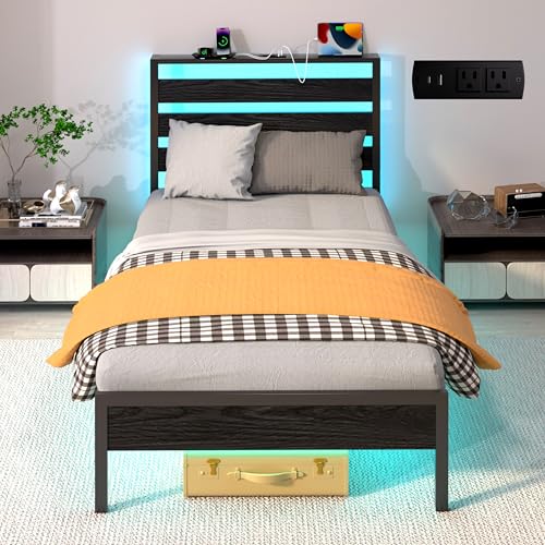 Twin Bed Frame with LED Lights & Charging Station, Storage Headboard, Heavy Duty Metal Slats, No Box Spring Needed, Noise-Free, Easy Assembly, Black