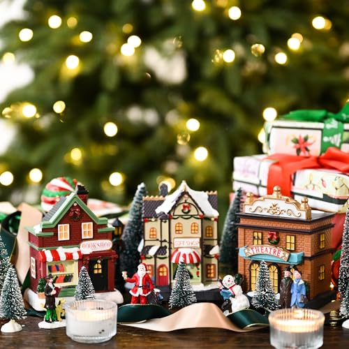 Valery Madelyn Pre-Lit Christmas Village Set House Decoration, Battery Operated Christmas Figurine Accessories Town Building Collection for Holiday Xmas DIY Tabletop (17 PCS)
