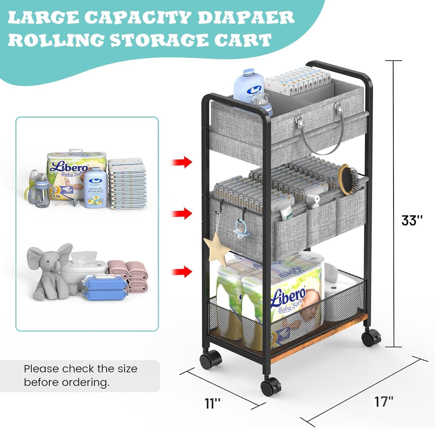 2In1 Baby Diaper Caddy & 3-Tier Rolling Diaper Cart, Diaper Caddy Organizer Cart with Dividers, Metal Detachable Bedside Cart for Baby Nursery Essentials, Large Capacity, Easy to Assemble