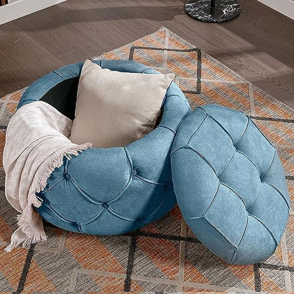 RUNFAYBIU Tufted  Ottoman for Bedroom 27.5" Woven Round Ottoman Stool Seat Fabric Upholstered End Coffee Table with Double Sided Lid Living Room Foot  Stool with  (Blue)