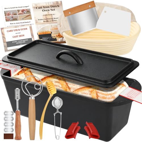 Rectangular Cast Iron Dutch Oven for Bread Baking, Cast Iron Sourdough Bread Pan with Lid Handles Lame, Even Heat Bread Baking Pan for Homemade Bread Cake Meatloaf, 3.2QT