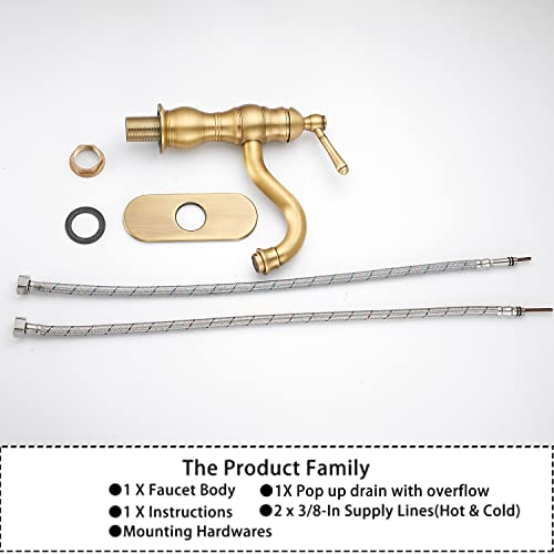 GGStudy 360° Swivel Antique Brass Bathroom Vessel Sink Faucet Single Handle One Hole Matching with Pop Up Drain