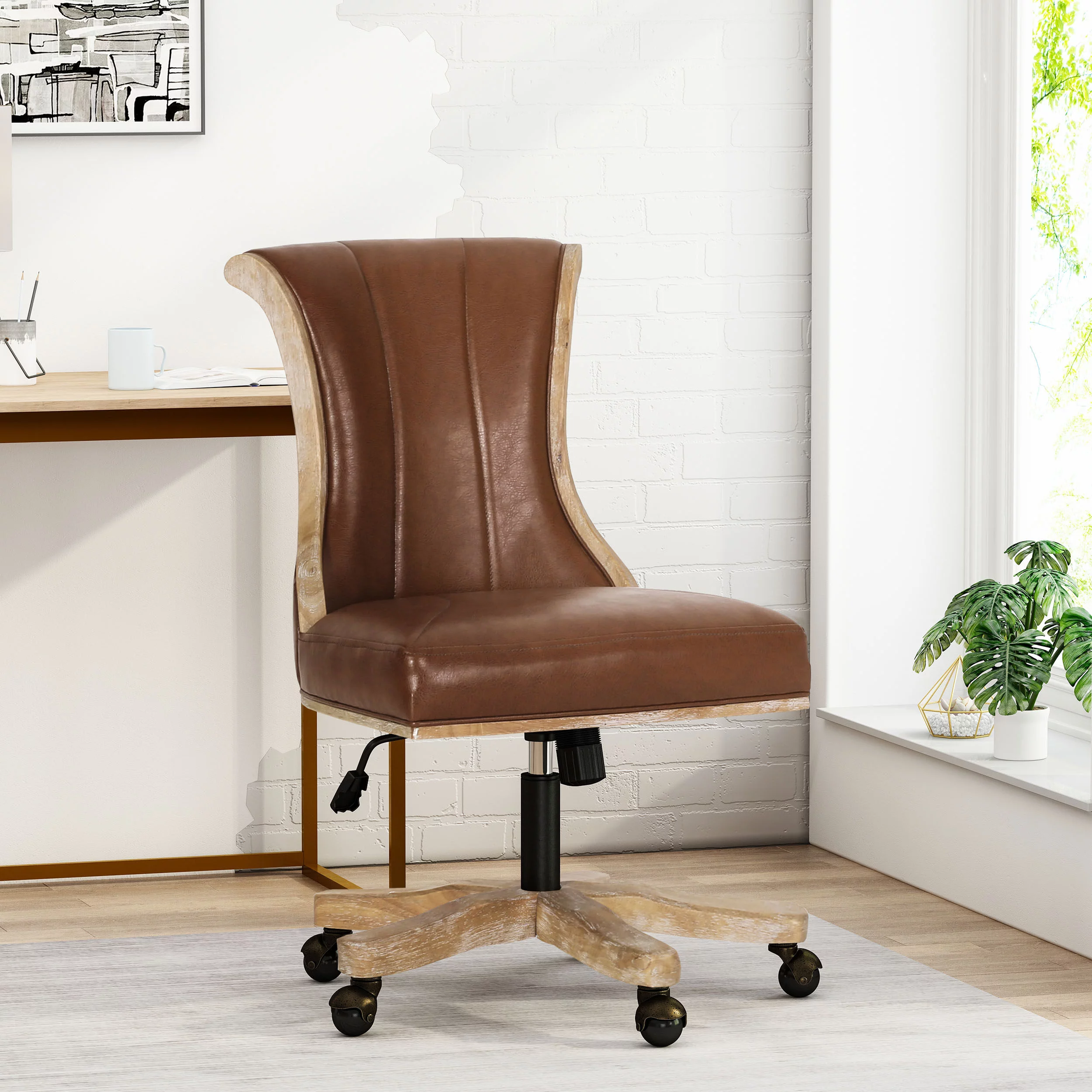 Andrea Contemporary Upholstered Roll Back Swivel Office Chair, Cognac Brown and Natural