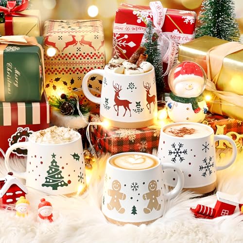 Maustic Christmas Mugs Set of 4, Holiday Coffee Mugs with Festive Christmas Themed Design, Hot Chocolate Hot Cocoa Cups, Family Gifts, 14 Oz