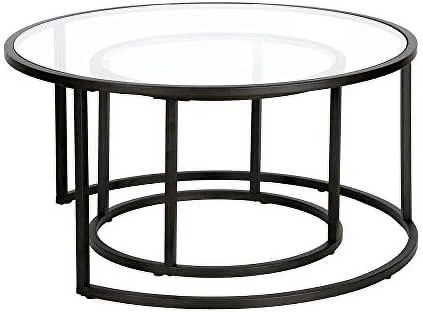 Metal Double Nested Round Coffee Table In Black With Glass Top