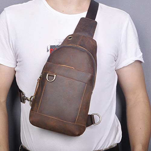Le'aokuu Men Fashion Casual Tea Designer Travel Hiking Crossbody Chest Sling Bag Rig One Shoulder Strap Bag Men Leather 8015