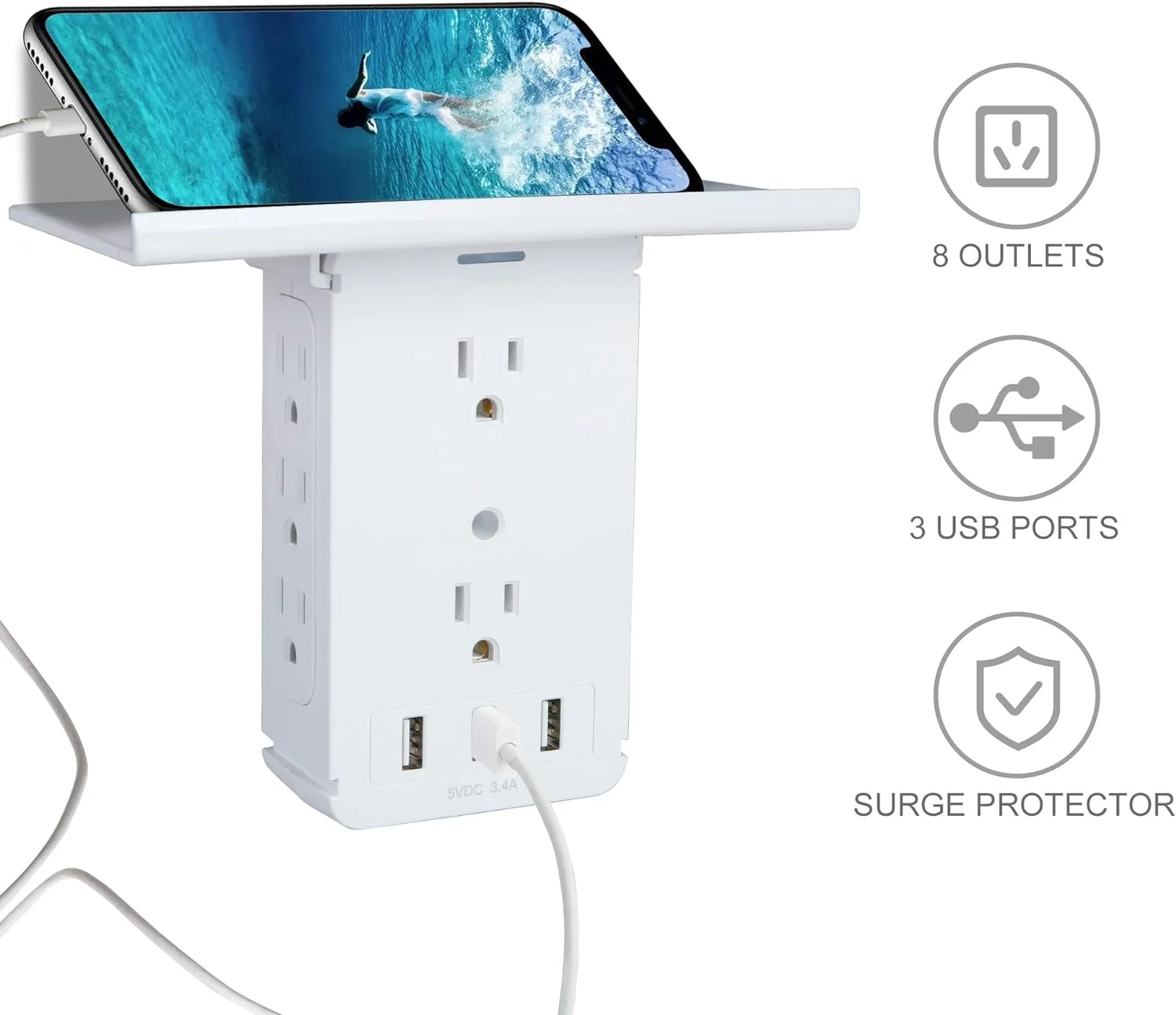 2 Pack Wall Outlet Extender with USB, 8 Outlet & 3 USB Surge Protector, Removable Built-In Shelf Multi Plug