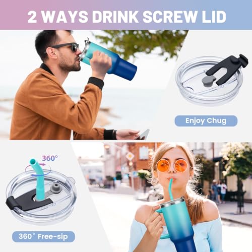 40 oz Tumbler with Handle and Straw Spout Lid - 100% Leak-proof Travel Coffee Cup, BPA Free Metal Mug, Vacuum Insulated Water Bottle- (Cold-34H & Hot-10H), Straw Cover, Silicone Boot