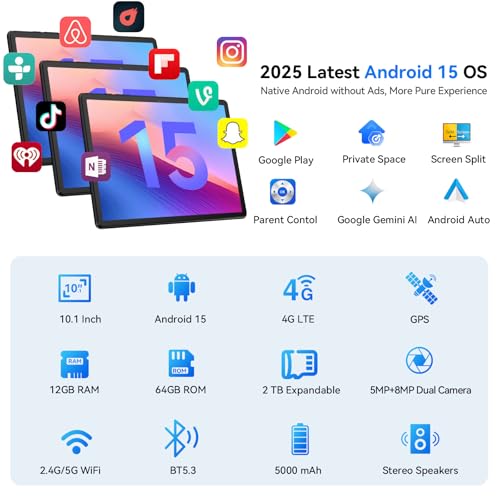 10 Inch Android 15 Tablet with SIM Card Slot Uncloked,4G Cellular Tablet Phone, Octa-Core, 12GB+64GB, 2TB Expandable, Dual Cameras, 2.4G/5G WiFi, BT5.0, GPS, Protective Case Included