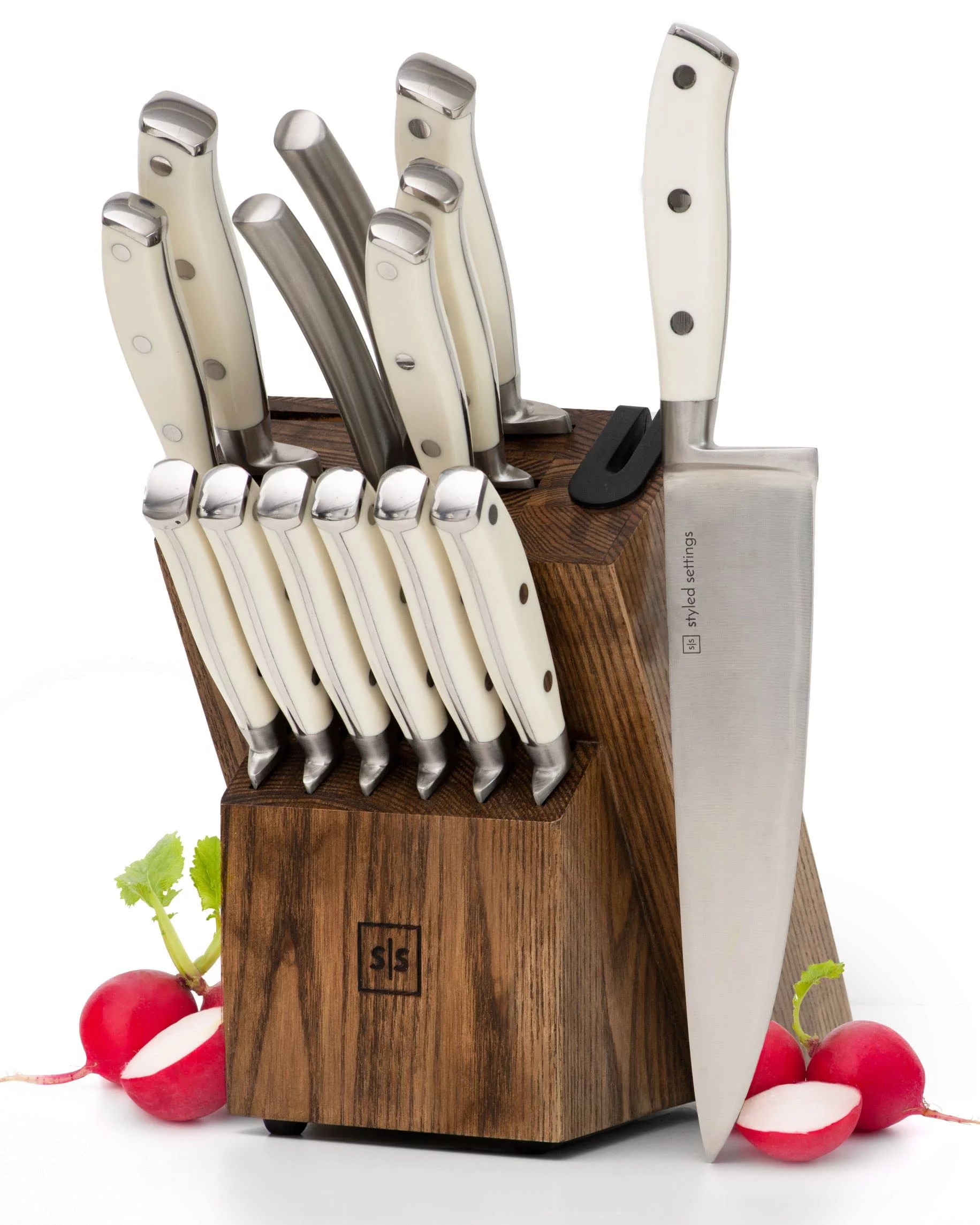 Styled Settings White Stainless Steel Knife Set with Walnut Block with Sharpener