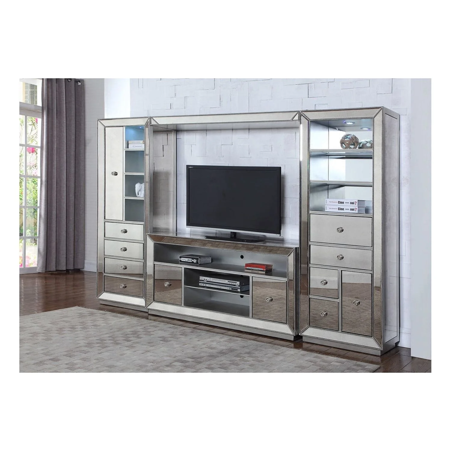 Best Master Jameson 4-Piece Solid Wood Entertainment Center in Silver Antique