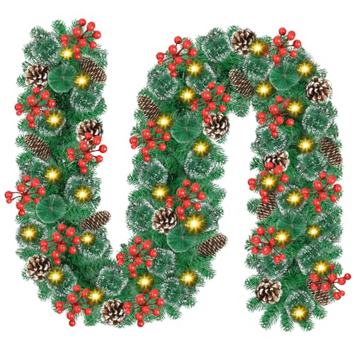 9Ft Pre-lit Christmas Garland with LED Lights Battery Operated, Holiday Decoration Stairs Wall Mantle Door Indoor Outdoor, Decorated with Red Flower, Balls, Berries, Snowy Pine, Christmas Collection