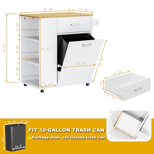 Rolling Kitchen Island with Trash Can Storage, Portable Kitchen Island on Wheels with Towel Rack & Spice Rack, Tilt Out Trash Can Cabinet with Drawer, Mobile Island Cart (Black)