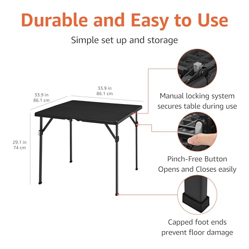 Amazon Basics 34 inch Portable Folding Dining Table with Carrying Handle, Black, 33.9 x 29.1 x 33.9 inch, Square