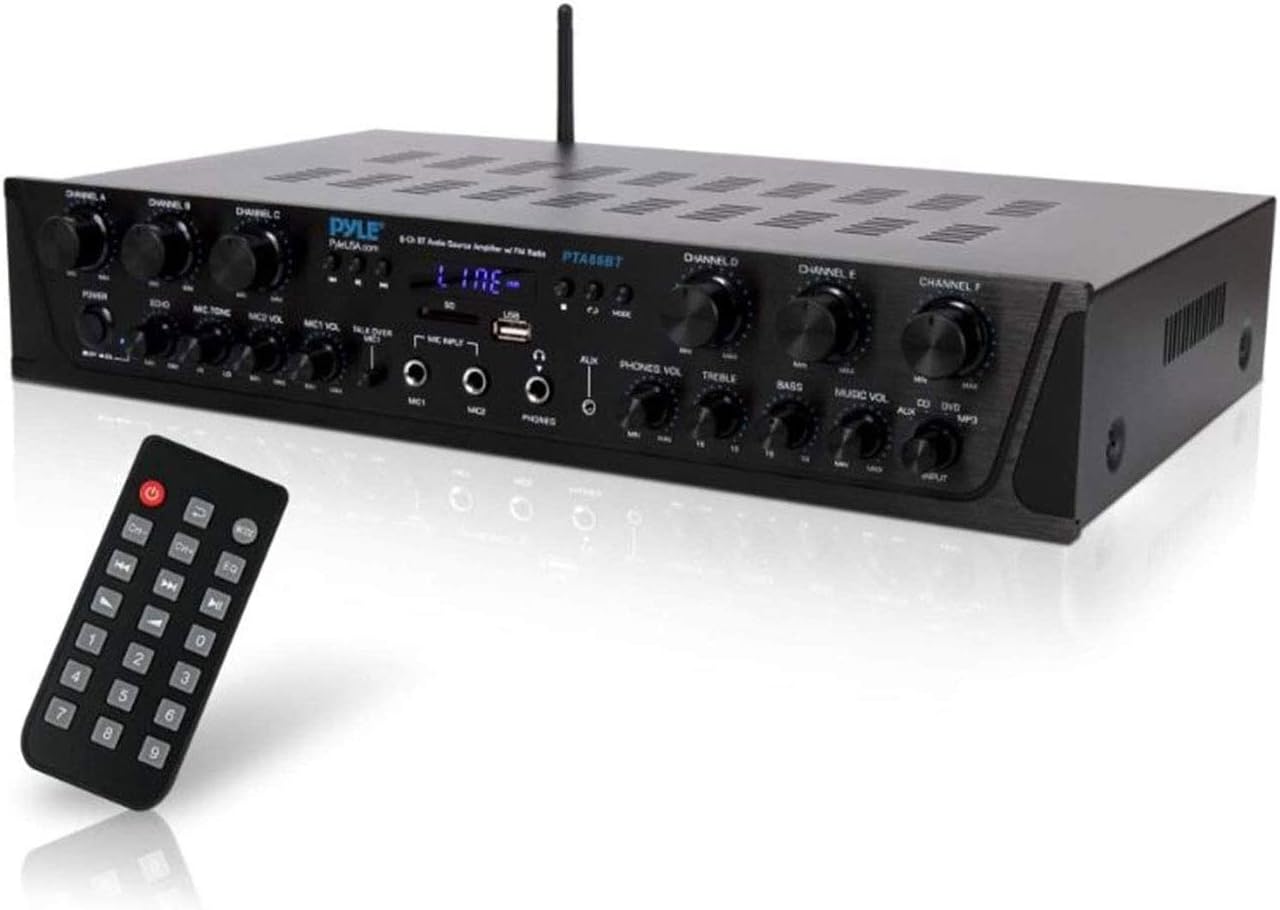 Wireless Home Audio Amplifier System - Bluetooth Compatible Sound Stereo Receiver Amp - 6 Channel 600Watt Power, Digital LCD, Headphone Jack, 1/4'' Microphone IN USB SD AUX RCA FM Radio - Pyle PTA66BT