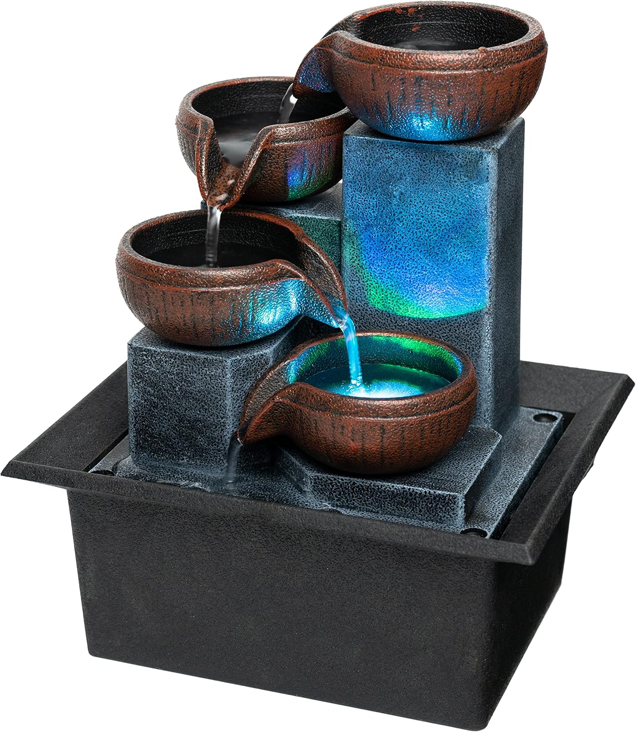 Small indoor Waterfall fountain-Tabletop fountain 4 level-Indoor desktop Fountain with audible calming waterfall sounds for Feng Shui effect-cascading LED color lighting