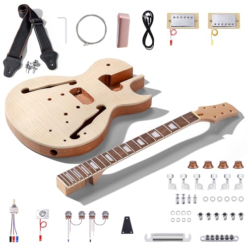 Leo Jaymz DIY Single Cut Electric Guitar Kits with Mahogany Body and Neck - Rosewood Fingerboard and All Components Included (LP Hollow)