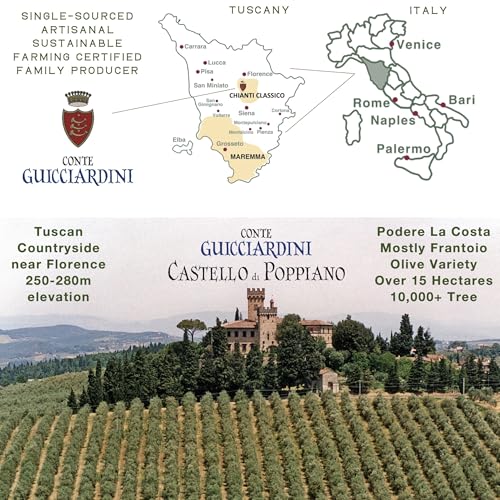 Laudemio Poppiano, Tuscany High Polyphenols +700 mg/kg Extra Virgin Olive Oil, Fresh 2024-2025 Early Harvest, 2025 NYIOOC Gold Award, Frantoio Monovarietal, Lab Tested No Pesticides, 16.9 fl oz