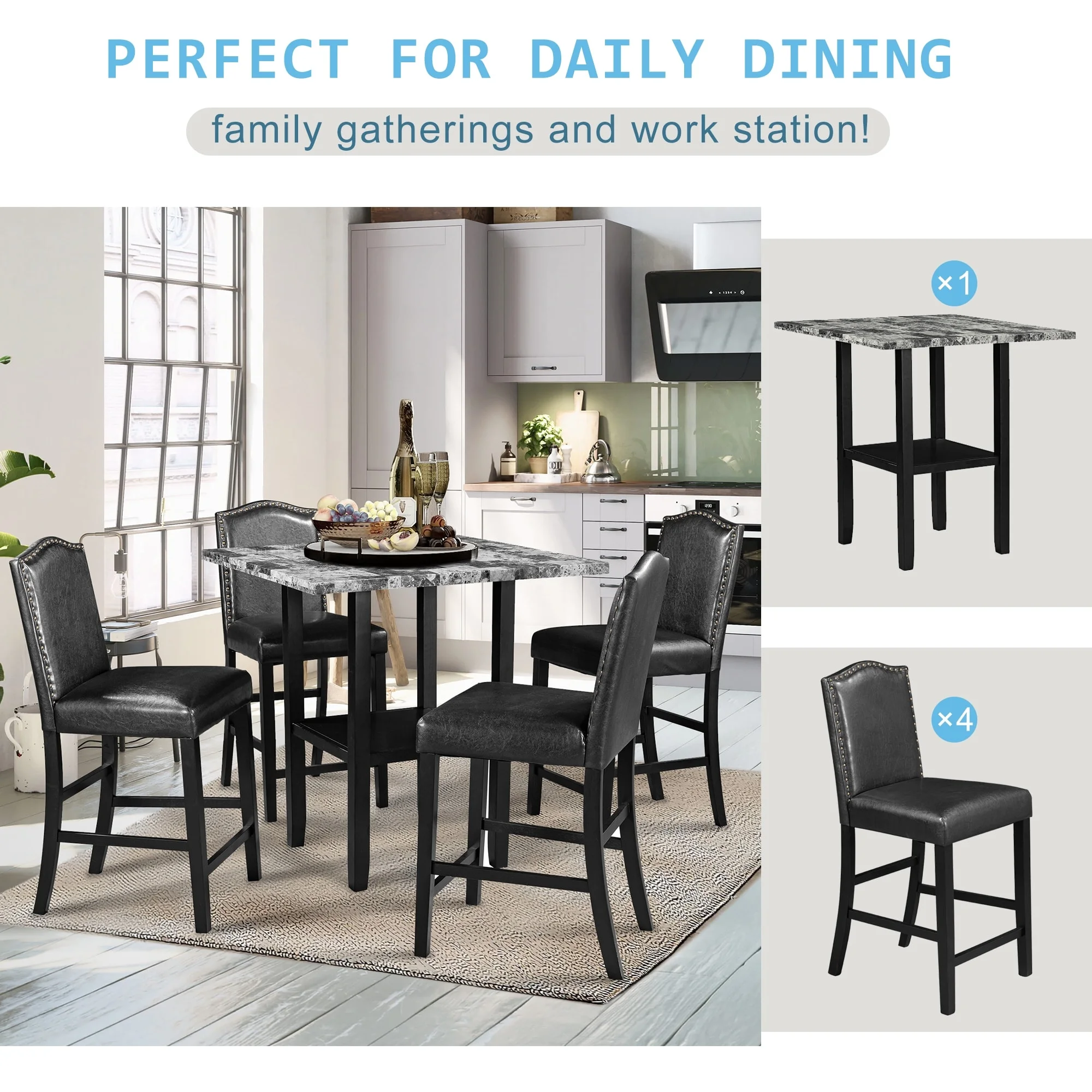 Modern 5-Piece Dining Set - Sturdy MDF Table, PU Leather Chairs, Space-Saving Design, Gray Faux Marble Veneer Gray